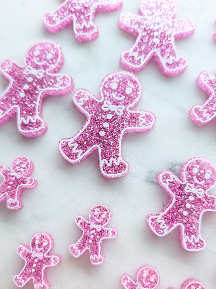 Printed White Line Gingerbread Man on Pink Glitter Acrylic - Various Sizes - 1pair (2pcs)