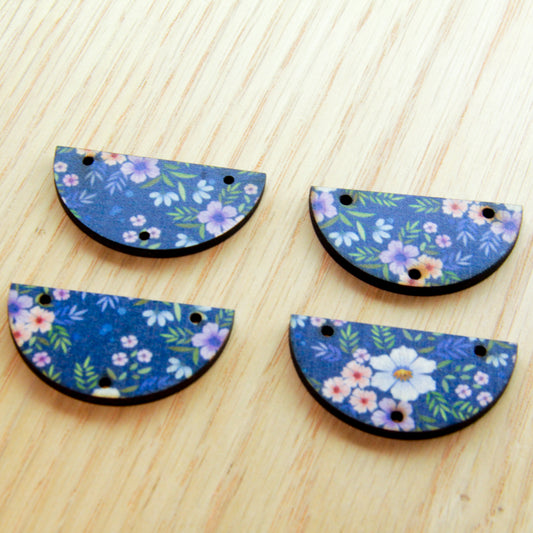 Wood - 4cm Semi Circle - 3 Holes - Transparent print - Floral Garden - 48