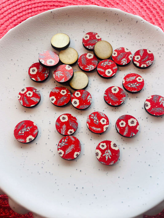 Wood - 15mm Circle- Studs - Christmas - 24