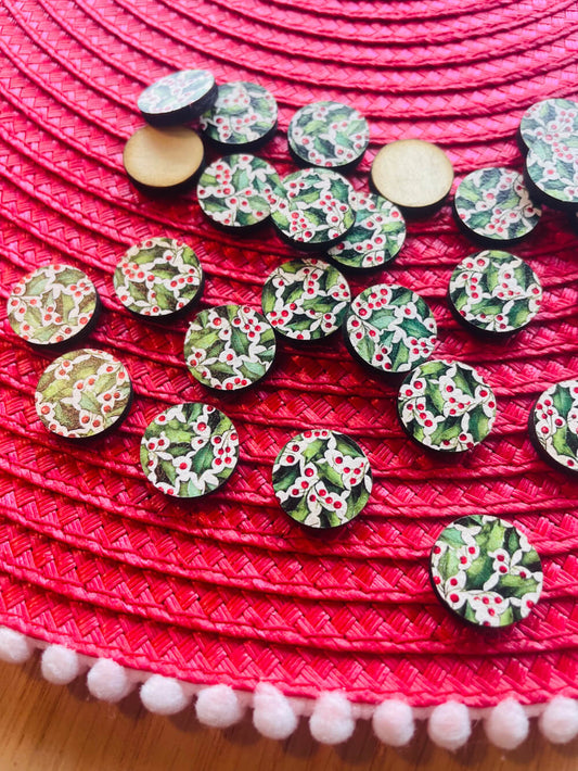 Wood - 15mm Circle- Studs - Christmas - 84