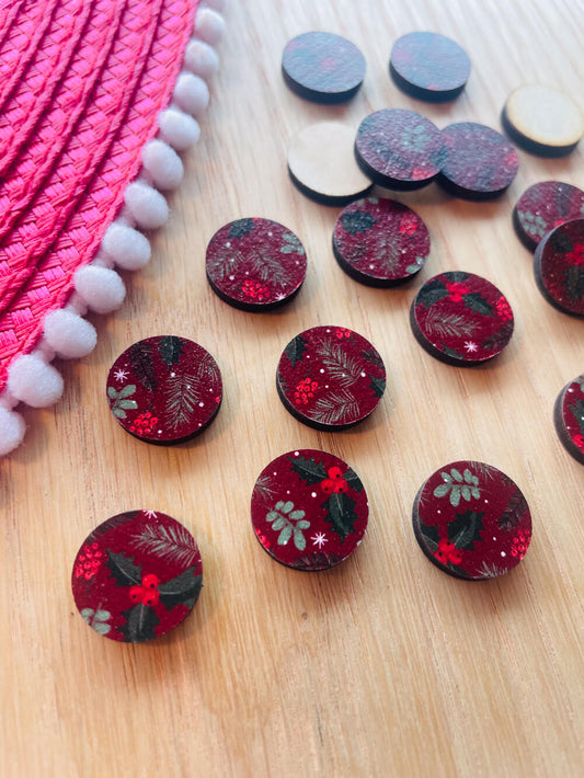 Wood - 15mm Circle- Studs - Christmas - 108