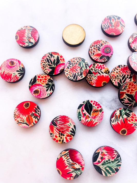 Wood - 15mm Circle- Studs - Bold Floral - 67