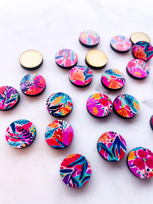 Wood - 15mm Circle- Studs - Bold Floral - 53