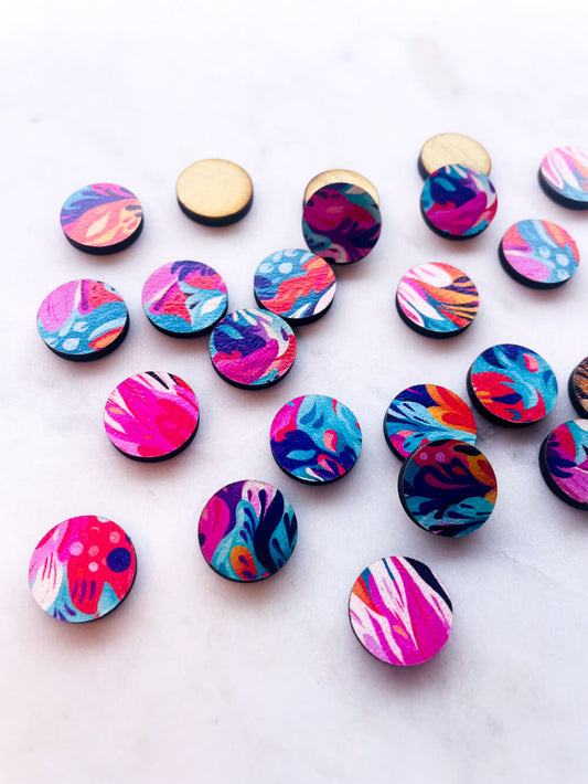 Wood - 15mm Circle- Studs - Abstract Art - 02