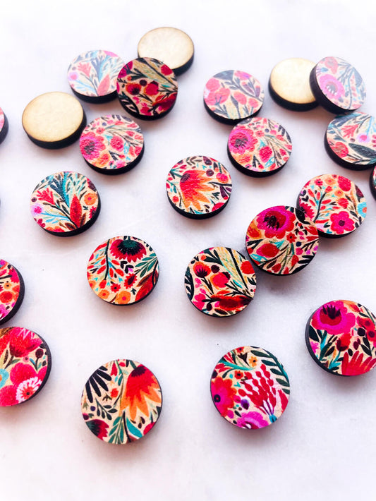 Wood - 15mm Circle- Studs - Bold Floral - 44
