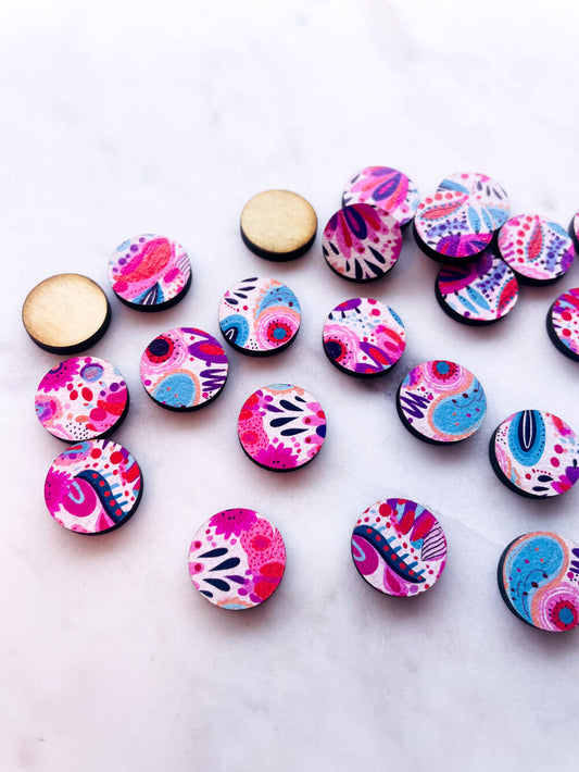 Wood - 15mm Circle- Studs - Bold Floral - 19
