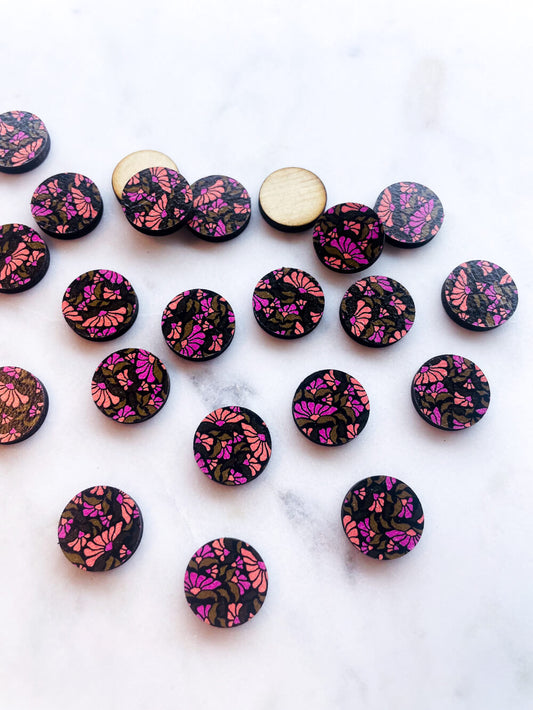 Wood - 15mm Circle- Studs - Abstract Floral - 32