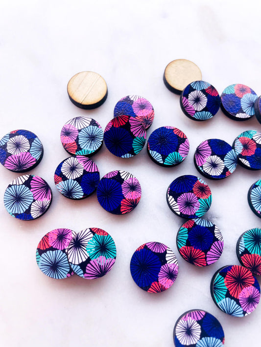 Wood - 15mm Circle- Studs - Abstract Floral - 32