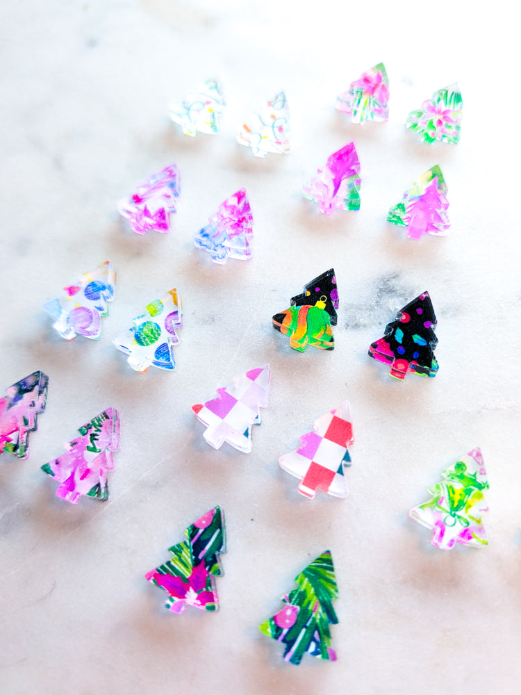 15mm Christmas Tree Studs - Bright Christmas - Mixed Bag - Clear Acrylic (10 pairs)