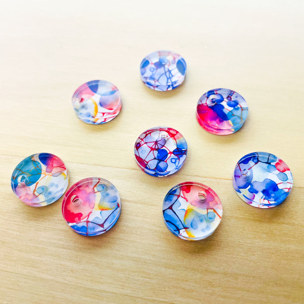 1.5cm Circle - 1 Hole - Clear Acrylic - Watercolour - 51