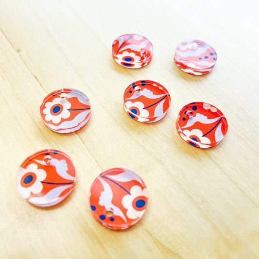 1.5cm Circle - 1 Hole- Clear Acrylic - Abstract Floral - 07