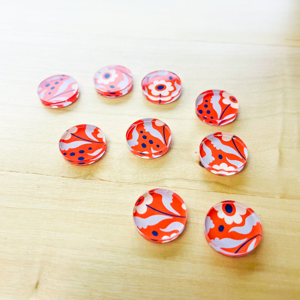 1.5cm Circle - Studs- Clear Acrylic - Abstract Floral - 07