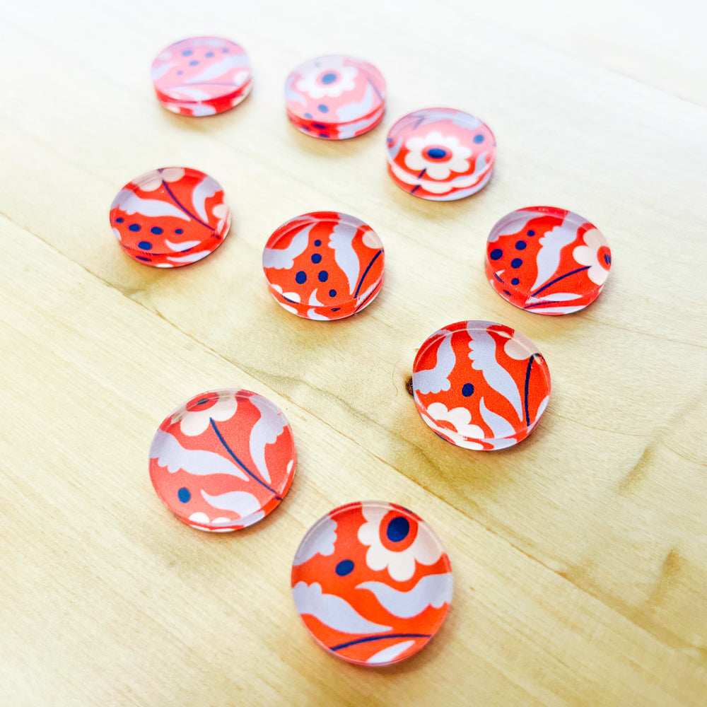 1.5cm Circle - Studs- Clear Acrylic - Abstract Floral - 07