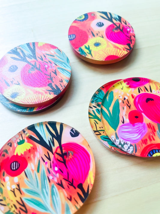 4cm Circle -  Clear Acrylic - 1 Hole - Bold Floral - 74