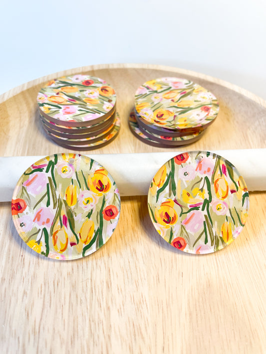 Clear Acrylic - 4cm Circle - 1 Hole - Floral Garden - 52