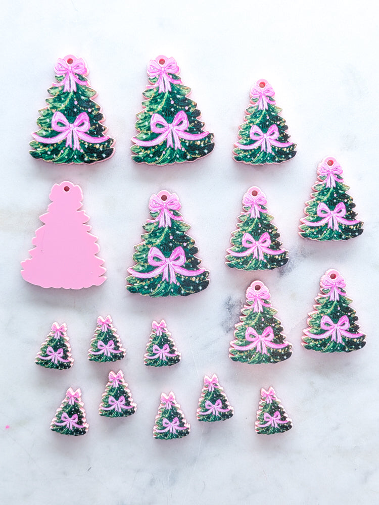 Pink Bow Christmas Tree on Pastel Pink Acrylic - Various Sizes - 1pair (2pcs)