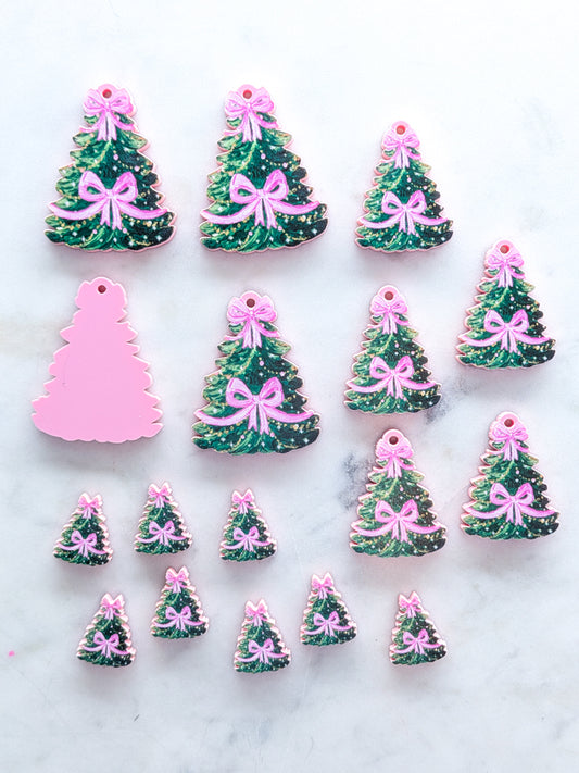 Pink Bow Christmas Tree on Pastel Pink Acrylic - Various Sizes - 1pair (2pcs)