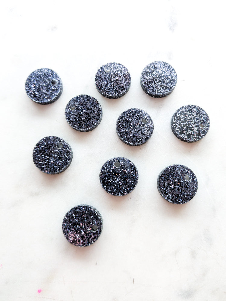 12.5mm or 15mm Charcoal Glitter Circle Toppers/Studs- Various Pack Sizes