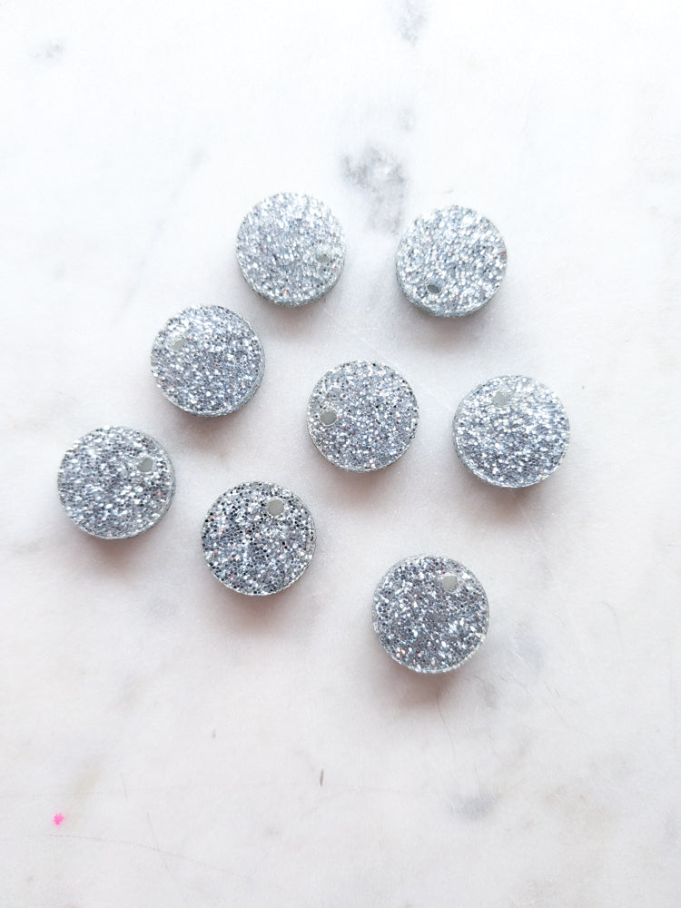12.5mm or 15mm Silver Glitter Circle Toppers/Studs- Various Pack Sizes