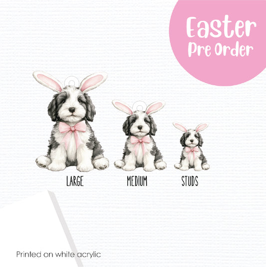 Easter Puppy Old English Sheepdog printed on White Acrylic