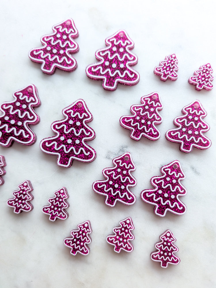 Printed White Line Christmas Tree on Bright Pink Glitter Acrylic - Various Sizes - 1pair (2pcs)