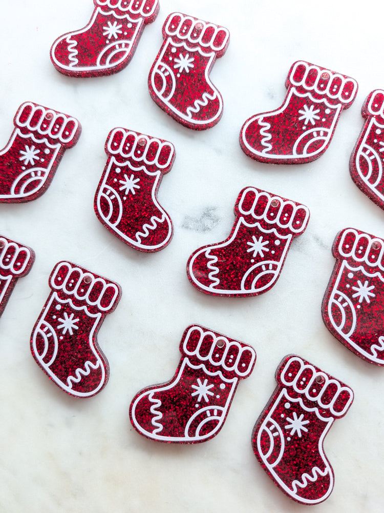 Printed White Line Stocking on Red Glitter Acrylic - Various Sizes - 1pair (2pcs)