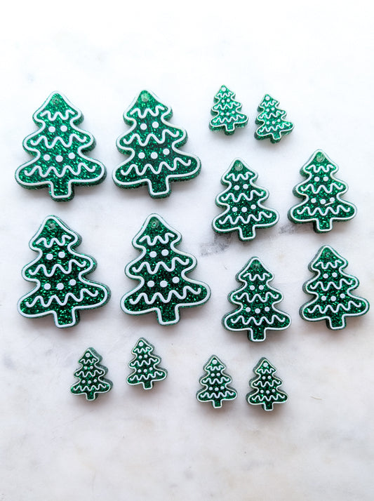 Printed White Line Christmas Tree on Green Glitter Acrylic - Various Sizes - 1pair (2pcs)
