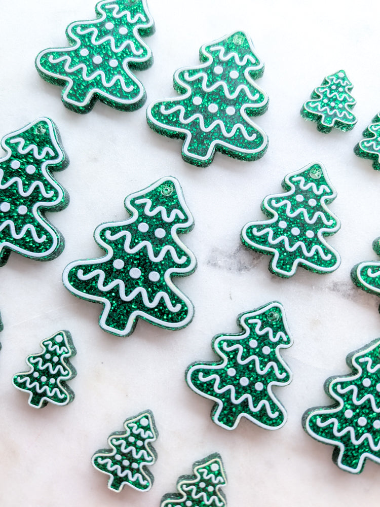 Printed White Line Christmas Tree on Green Glitter Acrylic - Various Sizes - 1pair (2pcs)
