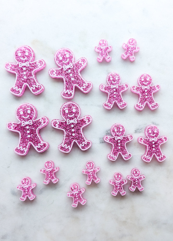 Printed White Line Gingerbread Man on Pink Glitter Acrylic - Various Sizes - 1pair (2pcs)