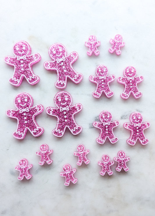 Printed White Line Gingerbread Man on Pink Glitter Acrylic - Various Sizes - 1pair (2pcs)
