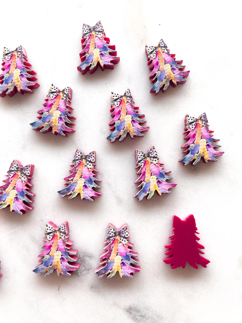 Studs - Watercolour Christmas Tree 2 on Raspberry Acrylic