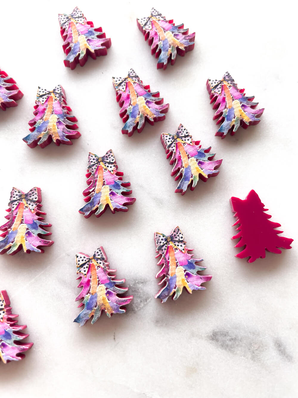 Studs - Watercolour Christmas Tree 2 on Raspberry Acrylic