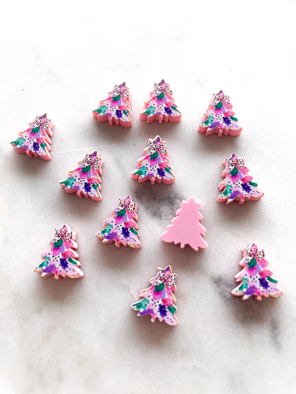 Studs - Watercolour Christmas Tree 6 on Baby Pink Acrylic