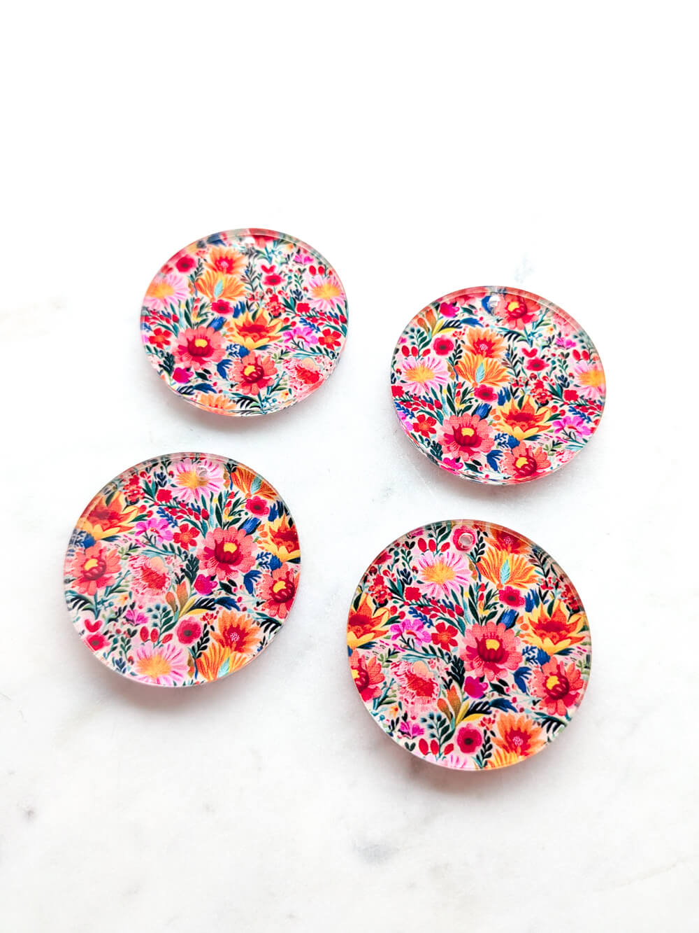Clear Acrylic - 4cm Circle - 1 Hole - Bold Floral - 43