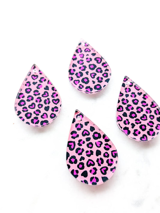 Clear Acrylic - 4cm Teardrop - 1 Hole -  Heart Leopard - 01