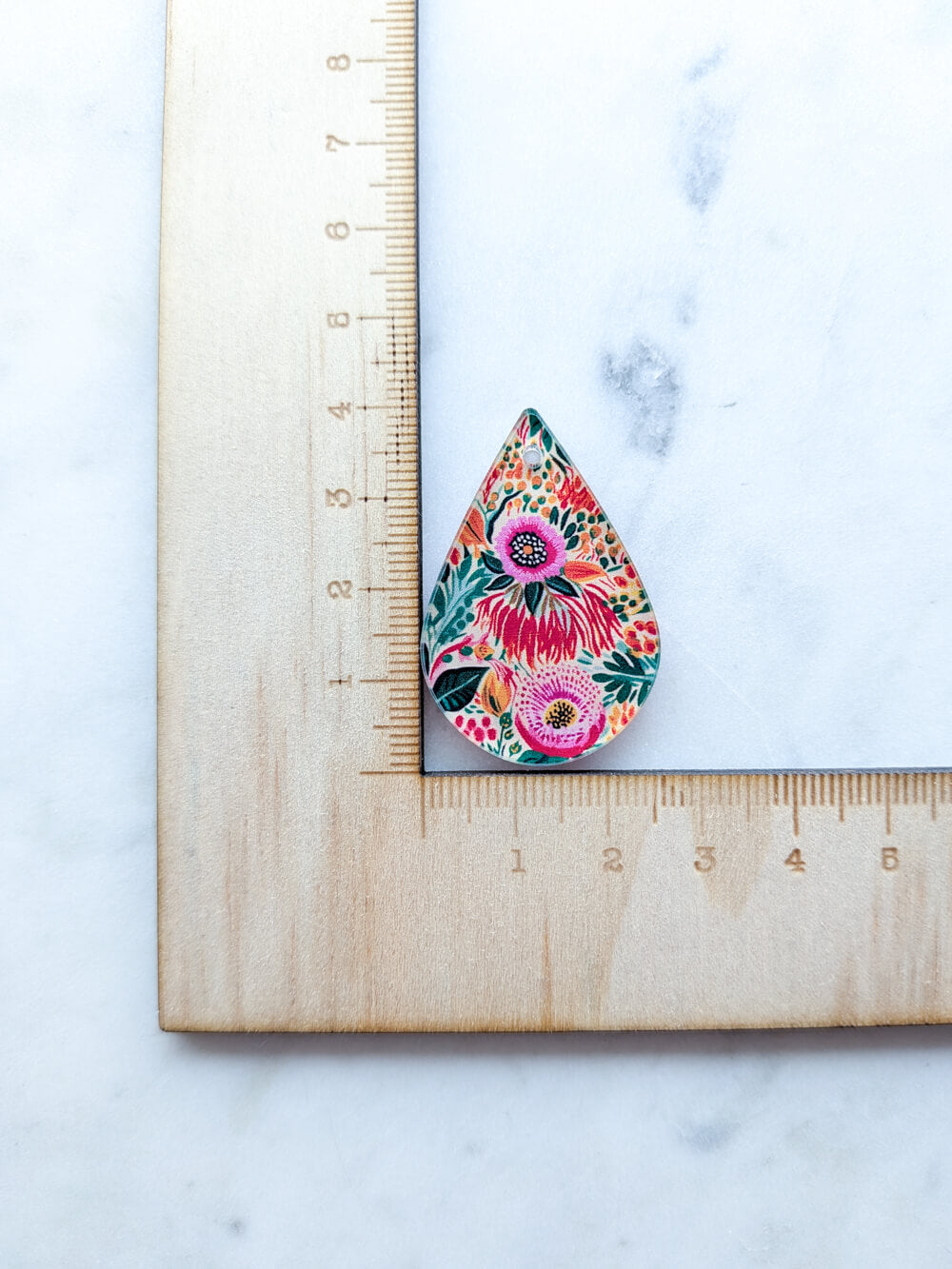 Clear Acrylic - 4cm Teardrop - 1 Hole -  Bold Floral - 67