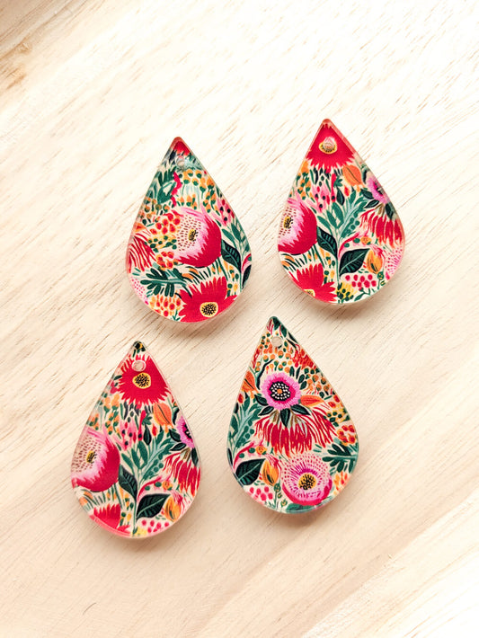 Clear Acrylic - 4cm Teardrop - 1 Hole -  Bold Floral - 67