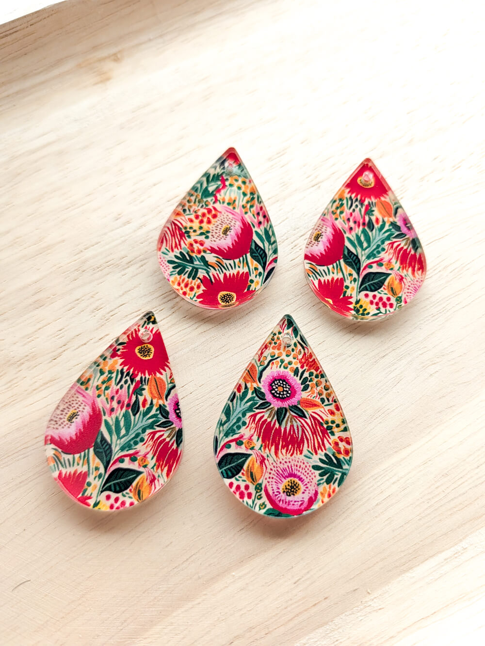 Clear Acrylic - 4cm Teardrop - 1 Hole -  Bold Floral - 67