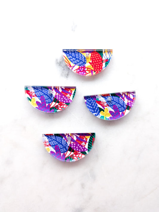 Clear Acrylic - 3cm Semi Circle - 1 Hole - Abstract Floral - 68