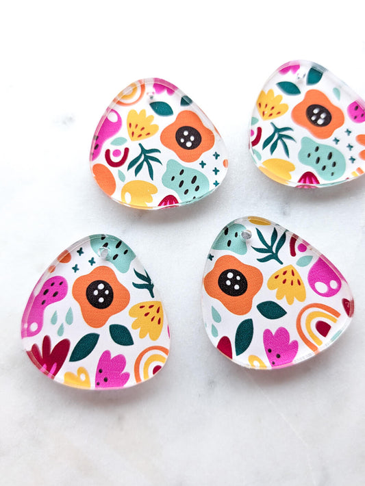 Clear Acrylic - 3cm Pebble - 1 Hole - Abstract Floral - 65