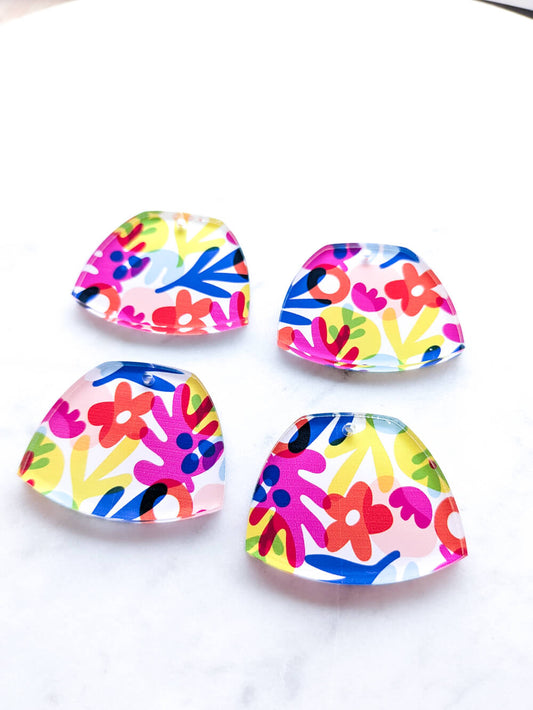 Clear Acrylic - 4cm Shield - 1 Hole - Abstract Floral - 67