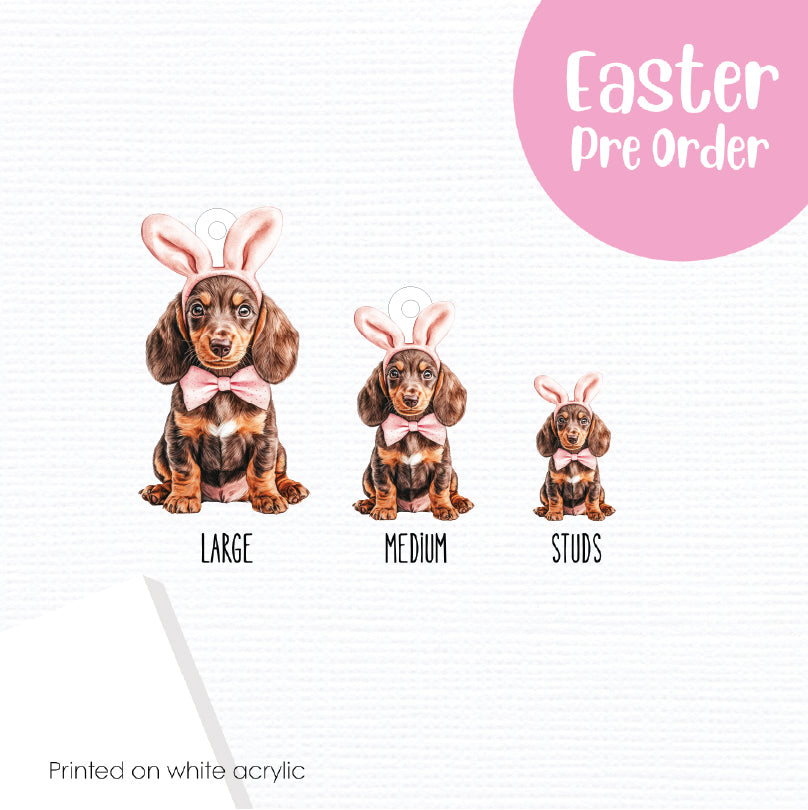 Easter Puppy Dachshund printed on White Acrylic