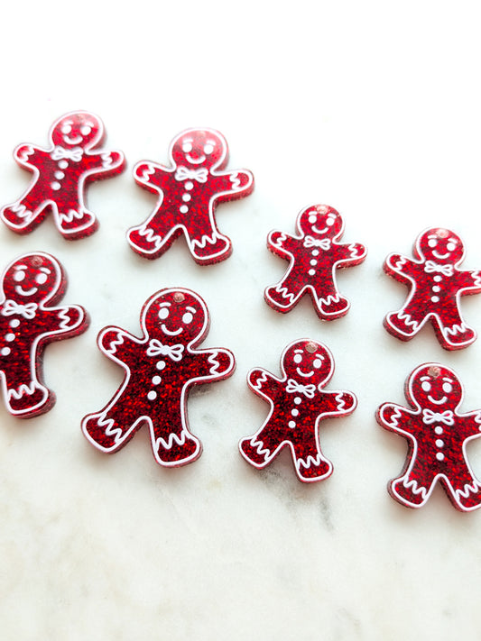 Printed White Line Gingerbread Man on Red Glitter Acrylic - Various Sizes - 1pair (2pcs)