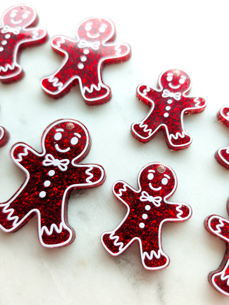 Printed White Line Gingerbread Man on Red Glitter Acrylic - Various Sizes - 1pair (2pcs)