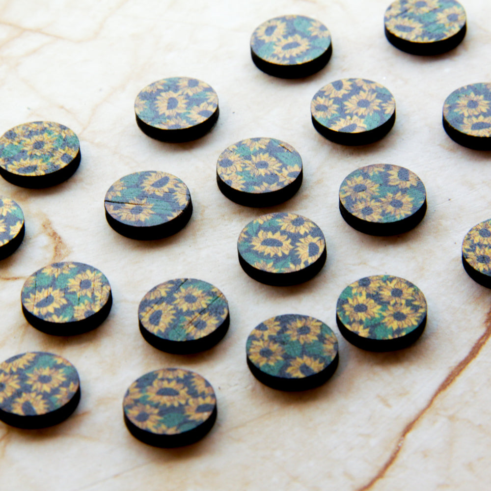 Wood - 15mm Circle- Studs - Transparent print - Sunflower - 01