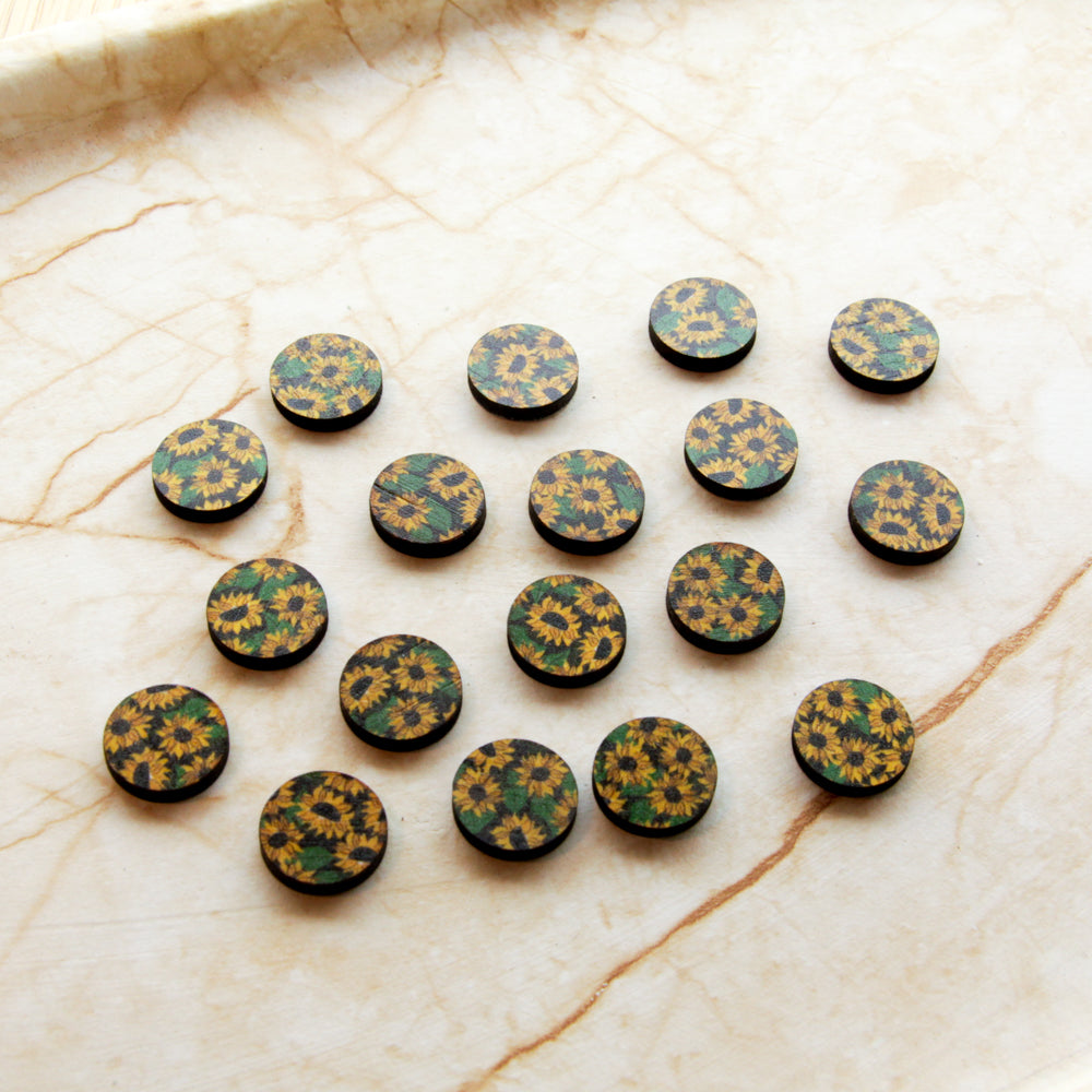 Wood - 15mm Circle- Studs - Transparent print - Sunflower - 01