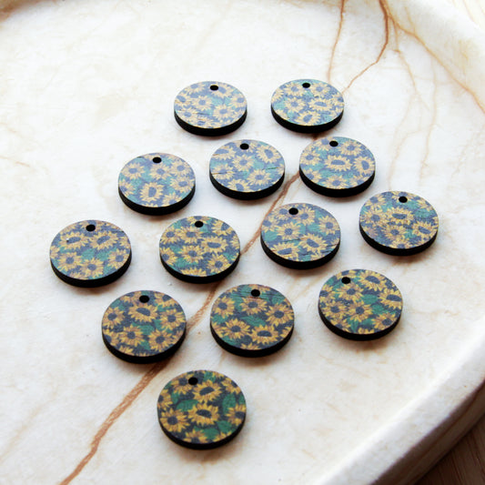Wood - 20mm Circle- 1 Hole - Transparent print - Sunflower - 01