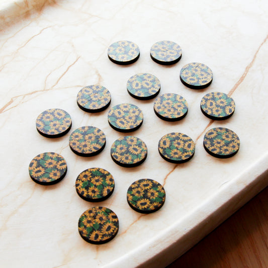 Wood - 20mm Circle- Studs - Transparent print - Sunflower - 01