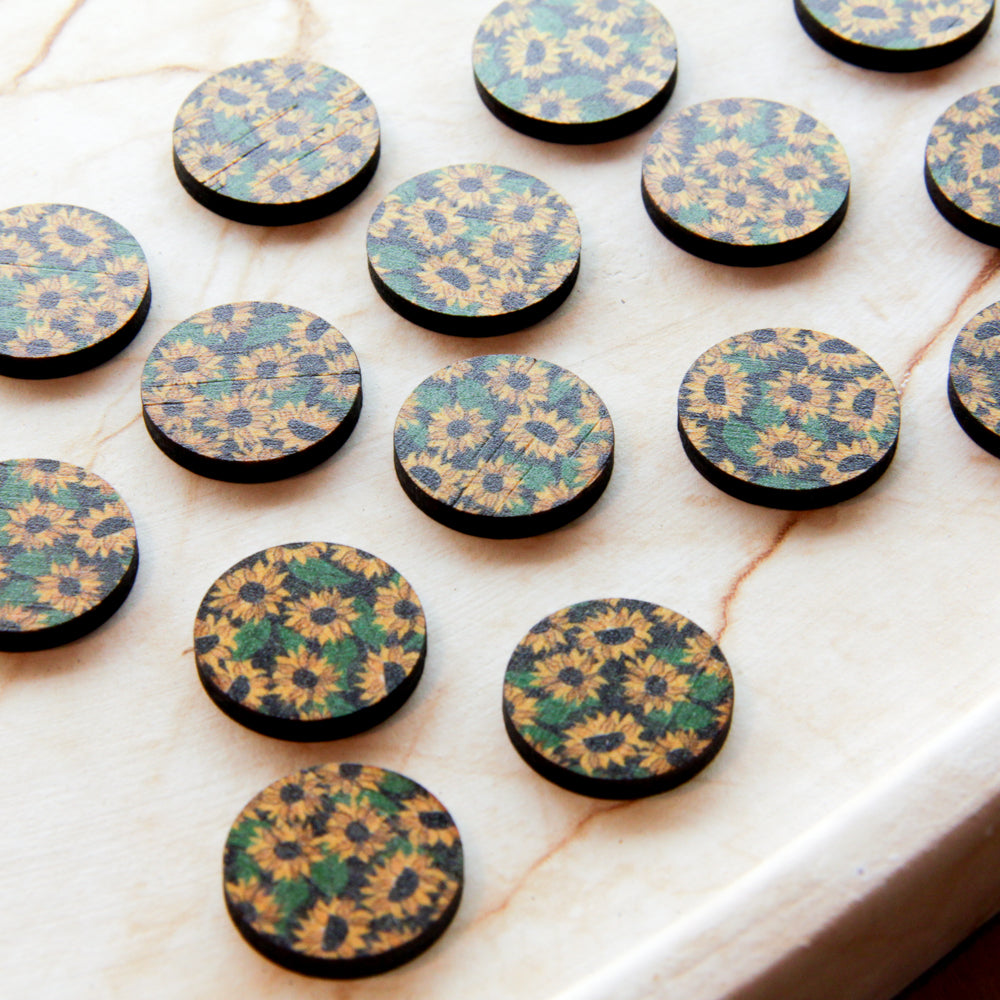 Wood - 20mm Circle- Studs - Transparent print - Sunflower - 01