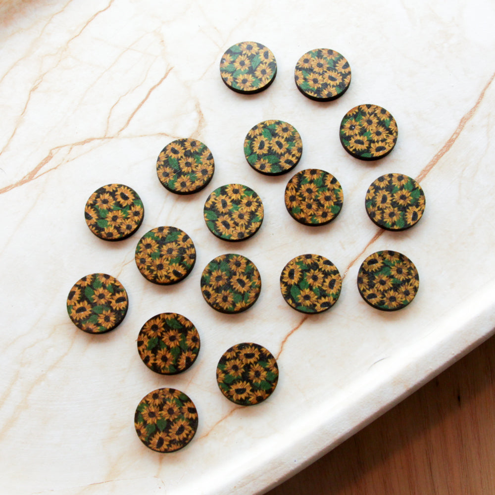 Wood - 20mm Circle- Studs - Transparent print - Sunflower - 01
